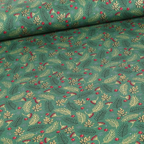 Tissu Coton imprimé Feuilles dorées de noël sur fond Vert