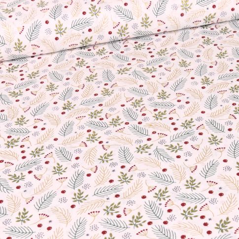 Tissu Coton imprimé Feuilles dorées de noël sur fond Blanc
