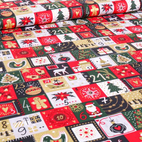 Tissu Coton imprimé Jour de  Noël sur fond Rouge