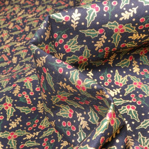 Tissu Coton imprimé Houx de noël sur fond Bleu marine