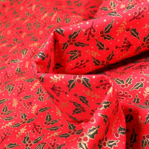 Tissu Coton imprimé Houx de noël sur fond Rouge