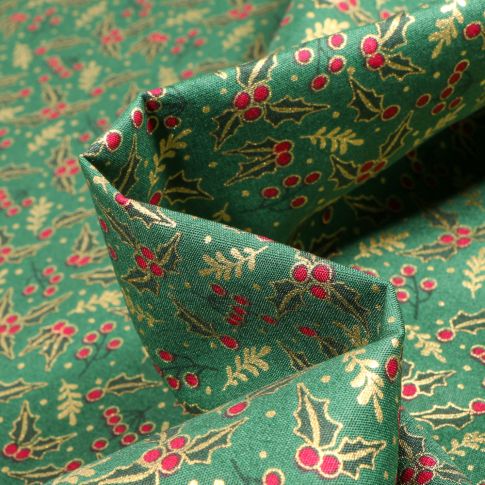 Tissu Coton imprimé Houx de noël sur fond Vert foncé