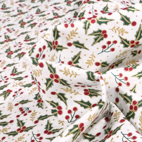 Tissu Coton imprimé Houx de noël sur fond Blanc