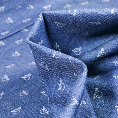Tissu Jean Denim extensible Bicyclette sur fond Bleu