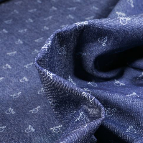 Tissu Jean Denim extensible Bicyclette sur fond Bleu foncé