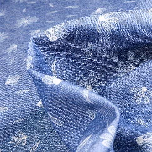 Tissu Jean Denim extensible Marguerite sur fond Bleu