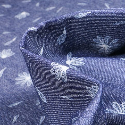 Tissu Jean Denim extensible Marguerite sur fond Bleu foncé