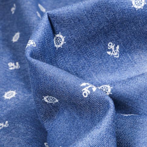 Tissu Jean Denim Ancres et moussaillons sur fond Bleu