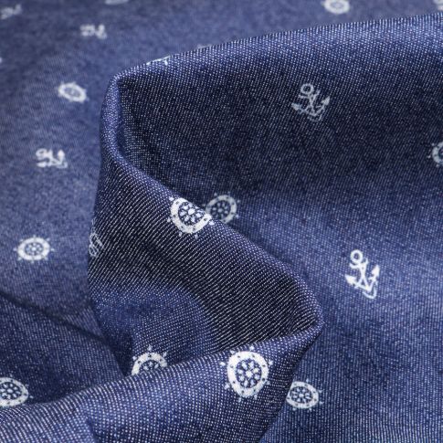Tissu Jean Denim Ancres et moussaillons sur fond Bleu foncé