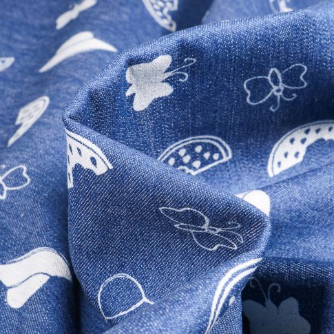 Tissu Jean Denim extensible Motifs divers sur fond Bleu