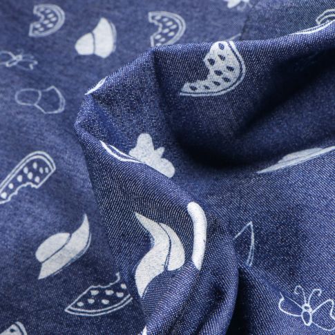 Tissu Jean Denim extensible Motifs divers sur fond Bleu foncé