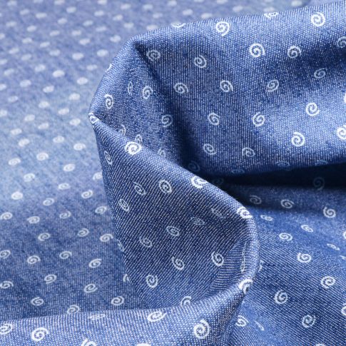 Tissu Jean Denim  Spirales sur fond Bleu