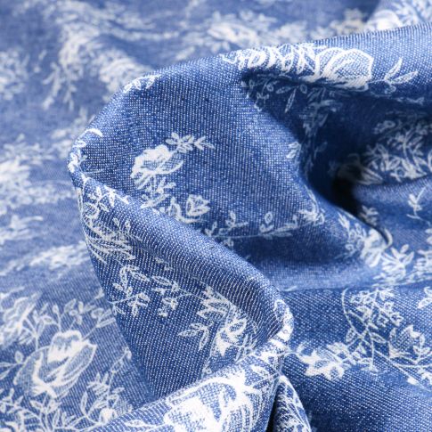 Tissu Jean Denim extensible Roses grimpantes sur fond Bleu