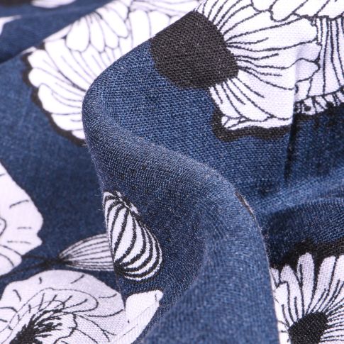 Tissu Viscose extensible Fleurs pavot sur fond Bleu marine