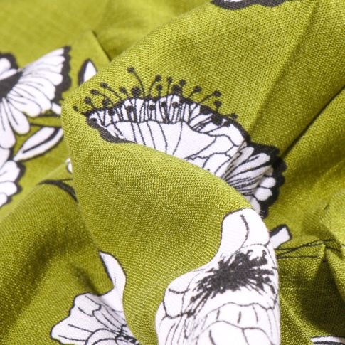 Tissu Viscose extensible Fleurs pavot sur fond Vert
