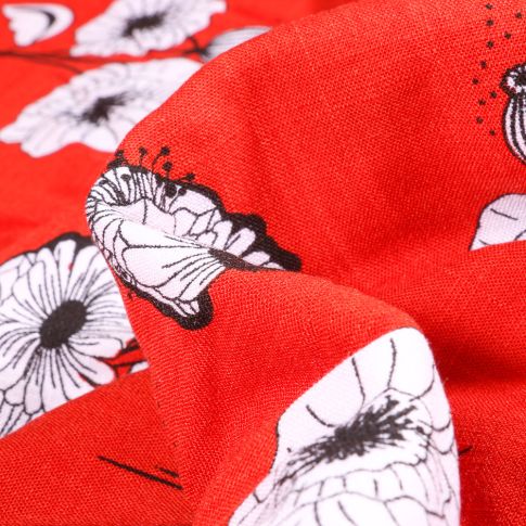 Tissu Viscose extensible Fleurs pavot sur fond Rouge