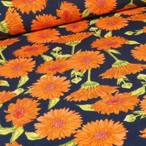 Tissu Viscose extensible  Tournesol sur fond Bleu marine