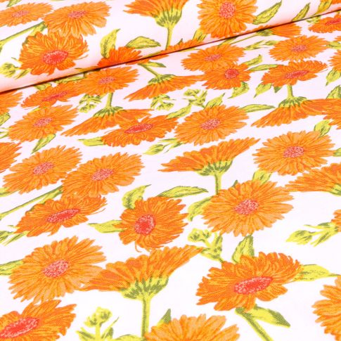 Tissu Viscose extensible  Tournesol sur fond Blanc