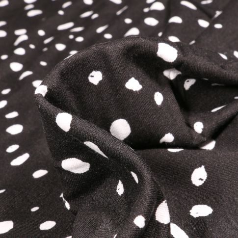 Tissu Jersey Viscose  Pois différentes tailles sur fond Noir