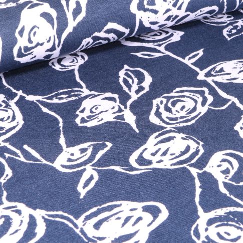 Tissu Jersey Viscose  Roses dessinées sur fond Bleu denim