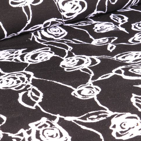 Tissu Jersey Viscose  Roses dessinées sur fond Noir