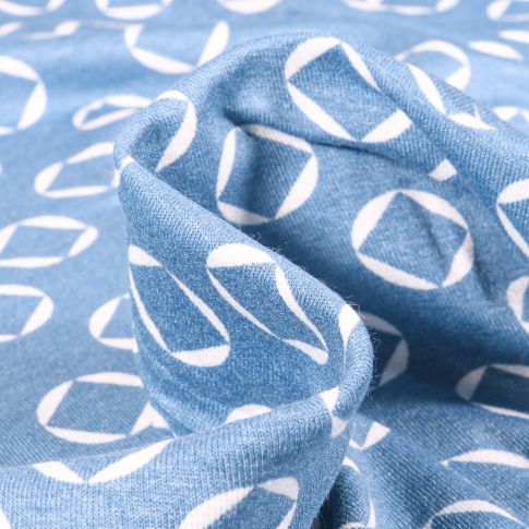 Tissu Jersey Viscose  Carré dans cercles sur fond Bleu ciel