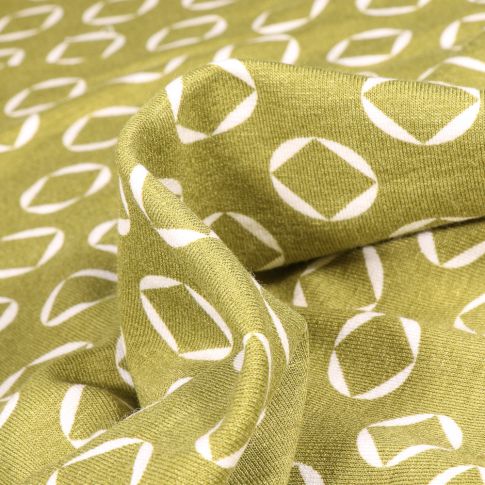 Tissu Jersey Viscose  Carré dans cercles sur fond Vert
