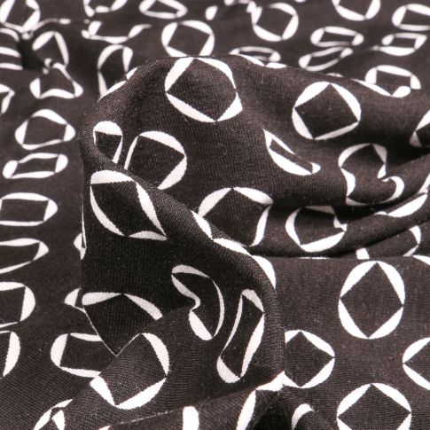 Tissu Jersey Viscose  Carré dans cercles sur fond Noir