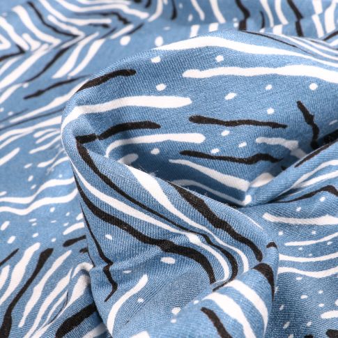 Tissu Jersey Viscose  Traits et pois sur fond Bleu ciel