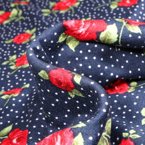 Tissu Jersey Viscose  Roses et pois sur fond Bleu marine