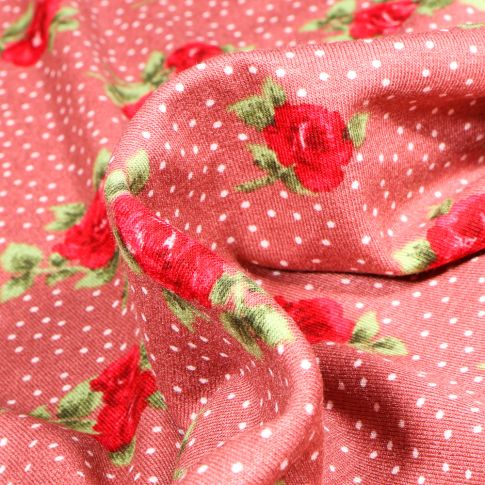 Tissu Jersey Viscose  Roses et pois sur fond Vieux rose