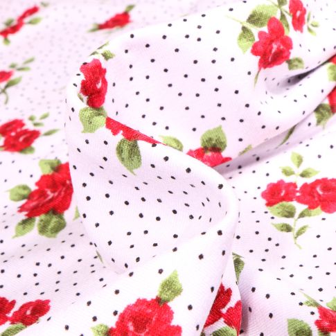 Tissu Jersey Viscose  Roses et pois sur fond Blanc