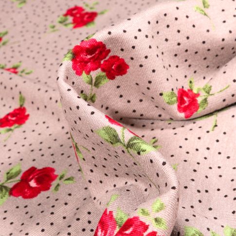 Tissu Jersey Viscose  Roses et pois sur fond Beige