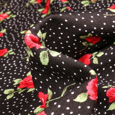 Tissu Jersey Viscose  Roses et pois sur fond Noir