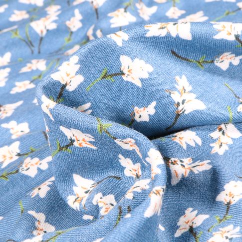 Tissu Jersey Viscose  Brindilles de fleurs sur fond Bleu ciel