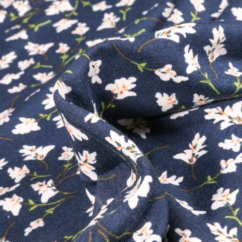 Tissu Jersey Viscose  Brindilles de fleurs sur fond Bleu marine