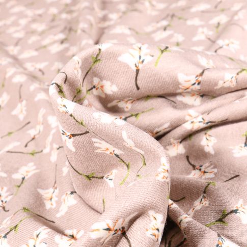 Tissu Jersey Viscose  Brindilles de fleurs sur fond Beige
