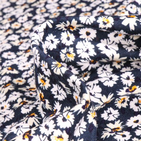 Tissu Jersey Viscose  Fleurs et pâquerettes sur fond Bleu marine