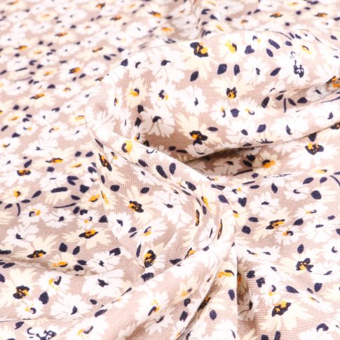 Tissu Jersey Viscose  Fleurs et pâquerettes sur fond Beige
