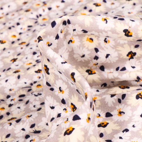 Tissu Jersey Viscose  Fleurs et pâquerettes sur fond Gris clair