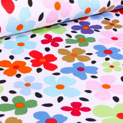 Tissu Jersey Viscose  Pensée colorée sur fond Blanc