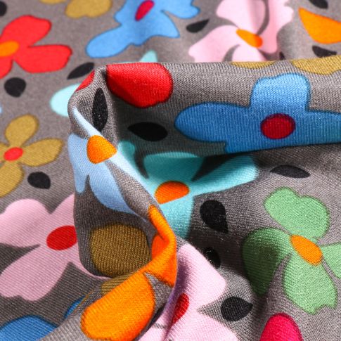 Tissu Jersey Viscose Stella Pensées colorées sur fond Gris