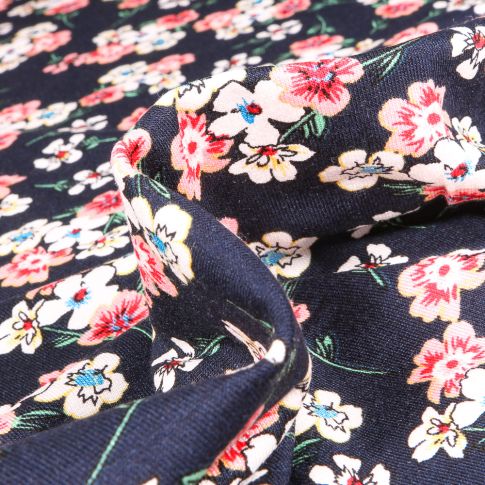 Tissu Jersey Viscose  Bouquets de fleurs colorés sur fond Bleu marine