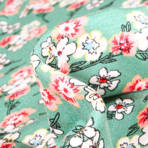 Tissu Jersey Viscose  Bouquets de fleurs colorés sur fond Vert menthe