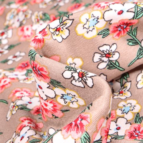 Tissu Jersey Viscose  Bouquets de fleurs colorés sur fond Beige