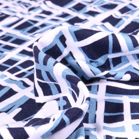 Tissu Jersey Viscose  Quadrillage abstrait blanc sur fond Bleu marine
