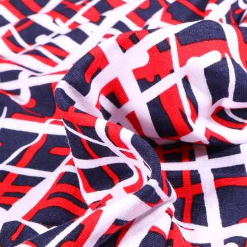 Tissu Jersey Viscose  Quadrillage abstrait rouge sur fond Bleu marine