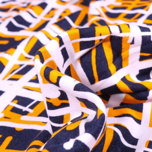 Tissu Jersey Viscose  Quadrillage abstrait jaune sur fond Bleu marine