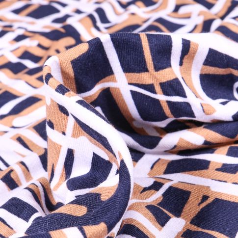 Tissu Jersey Viscose  Quadrillage abstrait beige sur fond Bleu marine