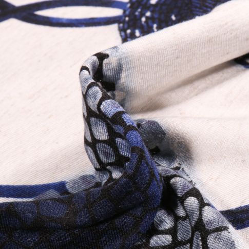 Tissu Jersey Viscose Lin Motifs abstraits bleu sur fond Ecru